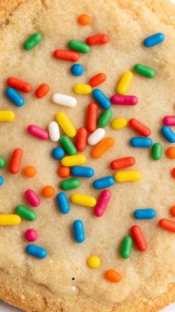 closeup of rainbow sprinkles embedded in cookie cake center