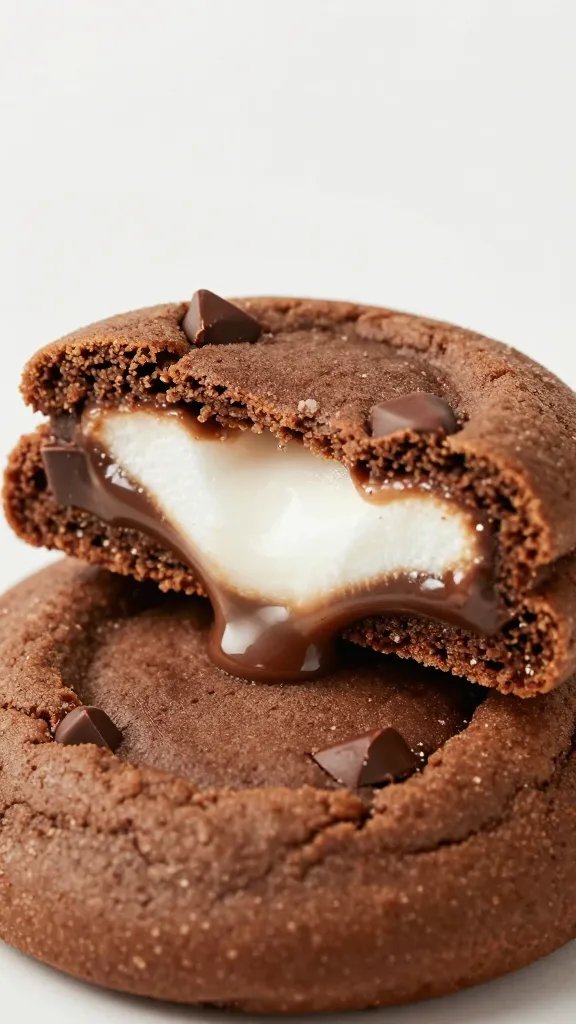 closeup of a single Double Chocolate S’mores cookie halved, gooey marshmallow center exposed