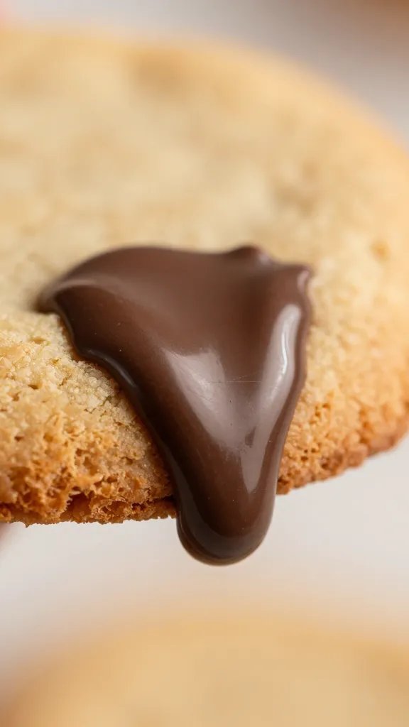 macro shot of a single melted-chocolate drip from a cookie edge, crisp border visible