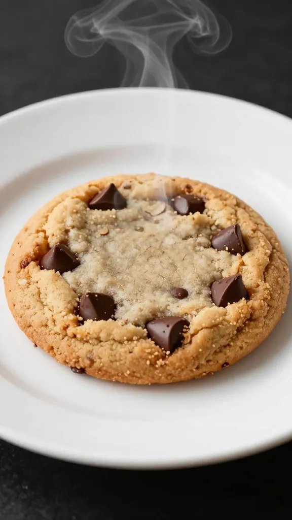 closeup of a single chocolate-chunk cookie on a white plate, steam rising