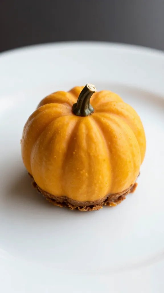 closeup of a single pumpkin cheesecake truffle on white plate