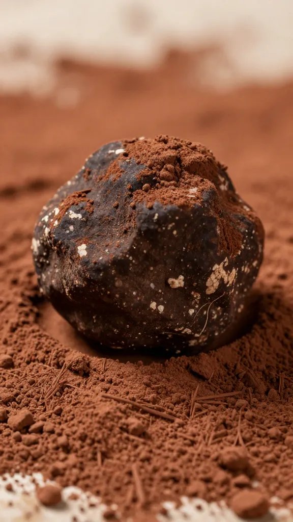 closeup of a single truffle with cocoa powder backdrop and shallow depth of field