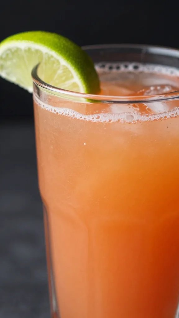 closeup glass of fresh guava juice with lime wedge