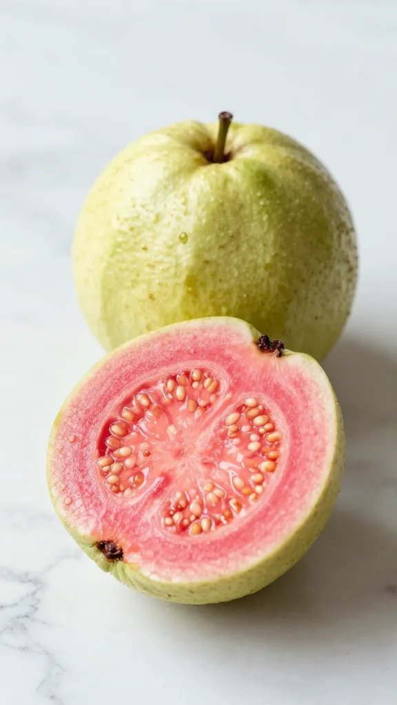 single ripe pink guava, halved, showing seeds, on marble