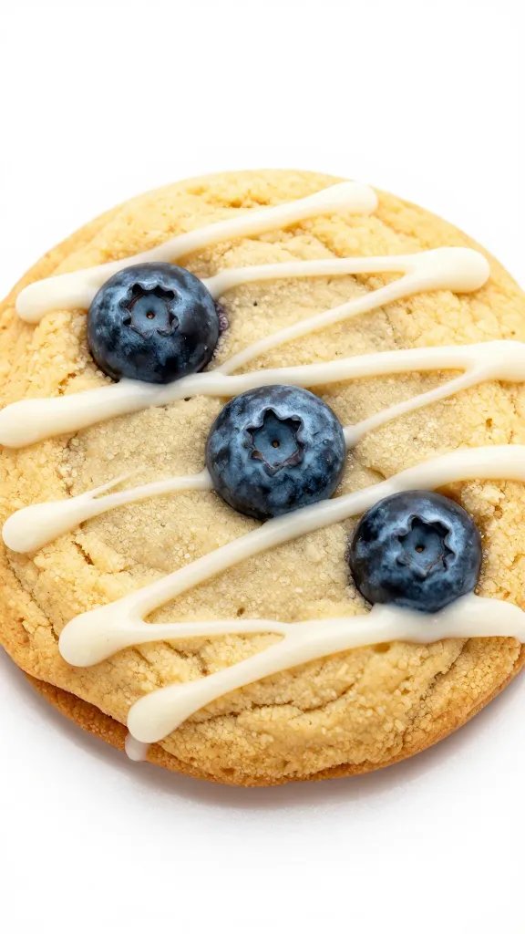 single blueberry lemon cookie with white chocolate drizzle