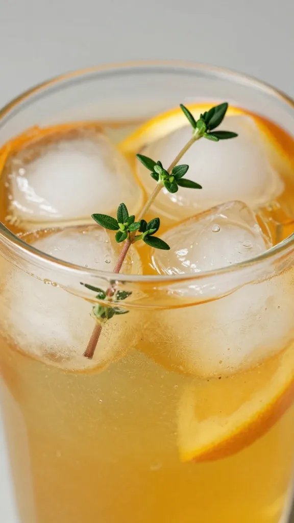 single thyme sprig resting on citrus iced tea cubes