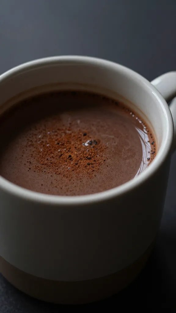 stoneware mug of dark cocoa, cinnamon-dusted, closeup, moody light