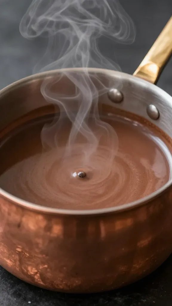 copper saucepan of velvety hot cocoa, steam rising, closeup