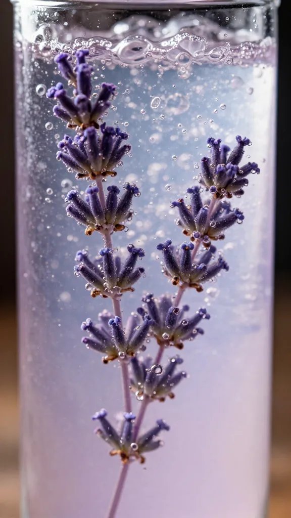 closeup highball of lavender lemon soda with rising bubbles