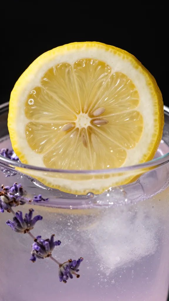 macro shot of lemon wheel garnish on sparkling lavender soda