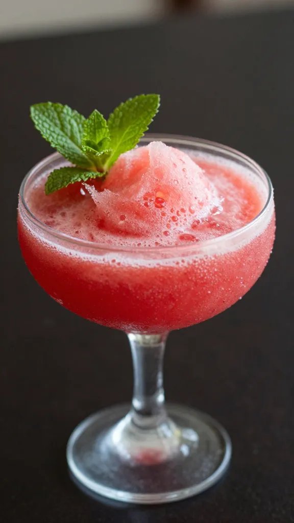 closeup of watermelon mint frosé in frosted coupe glass
