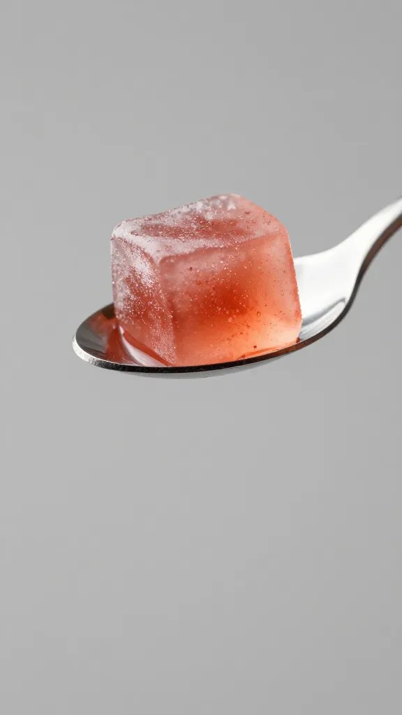 single frozen rosé cube on stainless cocktail spoon