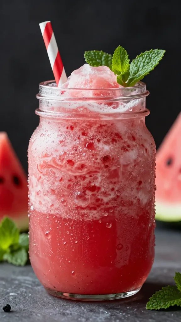 frosty blender jar of watermelon mint frosé, condensation visible