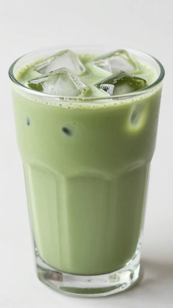 closeup iced honey lavender matcha in clear highball glass