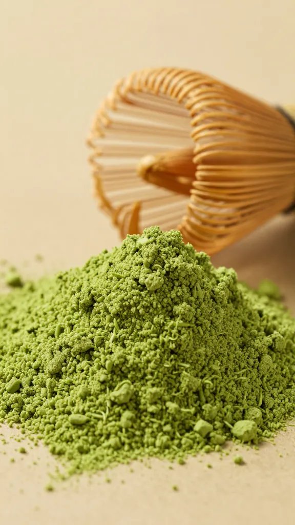 ceremonial matcha powder mound with bamboo whisk, macro shot