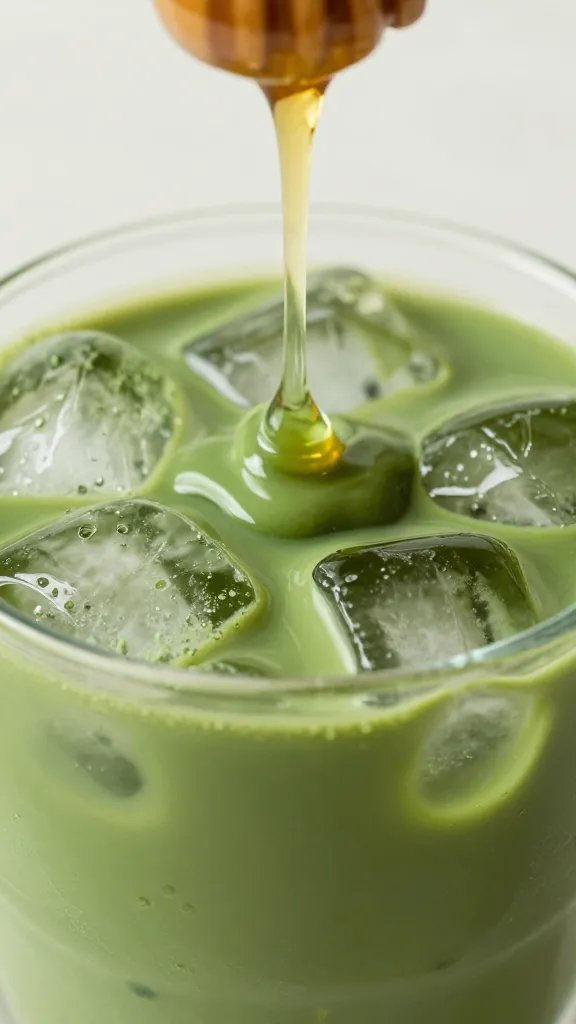 honey drizzle into matcha over ice, extreme closeup