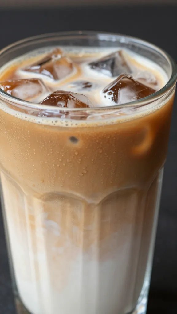 closeup iced chai latte in clear glass with condensation