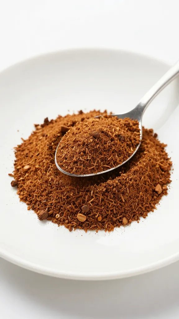 spoonful of ground chai spices over white ceramic plate