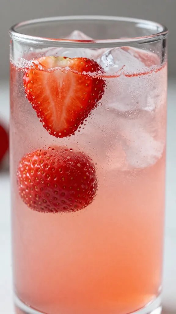 closeup strawberry whipped lemonade in clear glass, frosty condensation