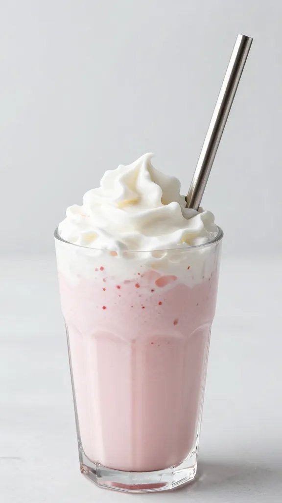stainless straw sinking into creamy strawberry whipped lemonade