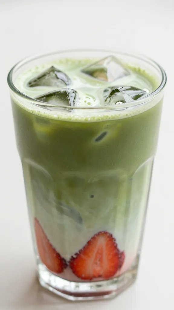 closeup iced strawberry matcha latte in clear tall glass