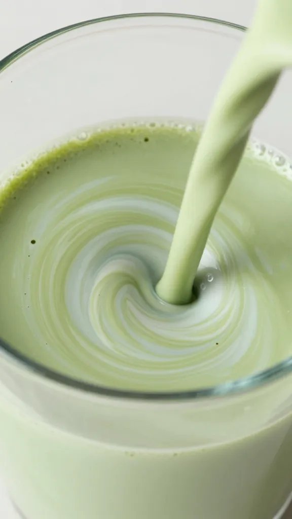 whisked matcha in glass with milk swirl, macro shot