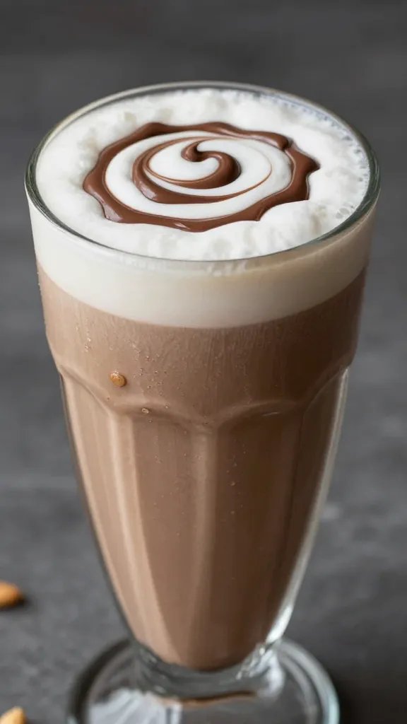 closeup chocolate peanut butter milkshake in frosted glass, swirled chocolate