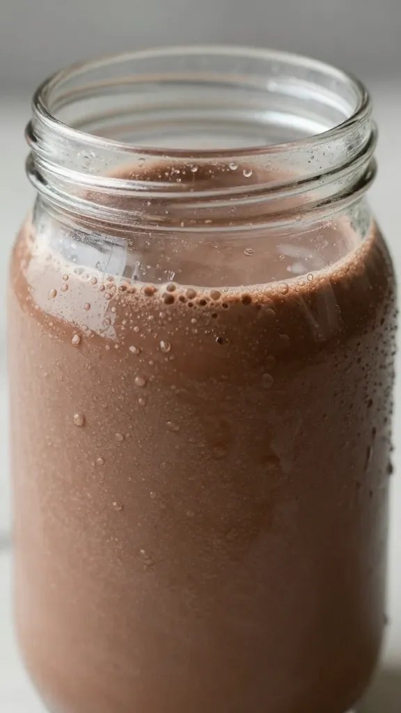 closeup blender jar of thick chocolate milkshake, condensation visible