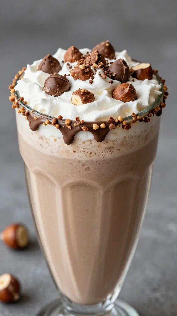 closeup chocolate hazelnut crunch milkshake in tall glass, drizzled rim