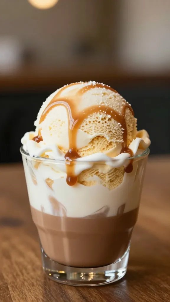 single scoop vanilla ice cream dripping chai syrup, macro shot