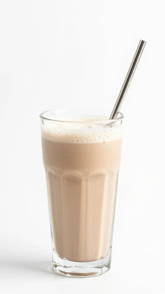 stainless steel straw in creamy chai milkshake, soft cafe light