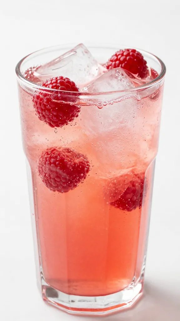 closeup raspberry lemonade float in tall clear glass, fizzing