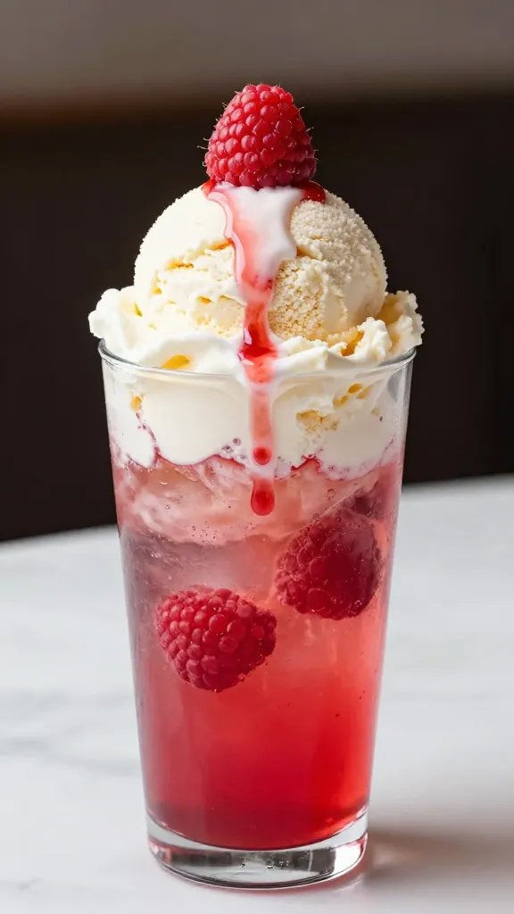 single scoop vanilla ice cream dripping into raspberry lemonade