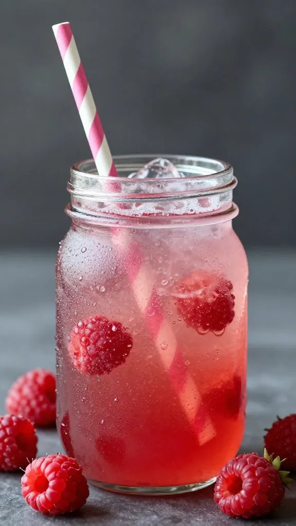 frosty mason jar of raspberry lemonade float with paper straw