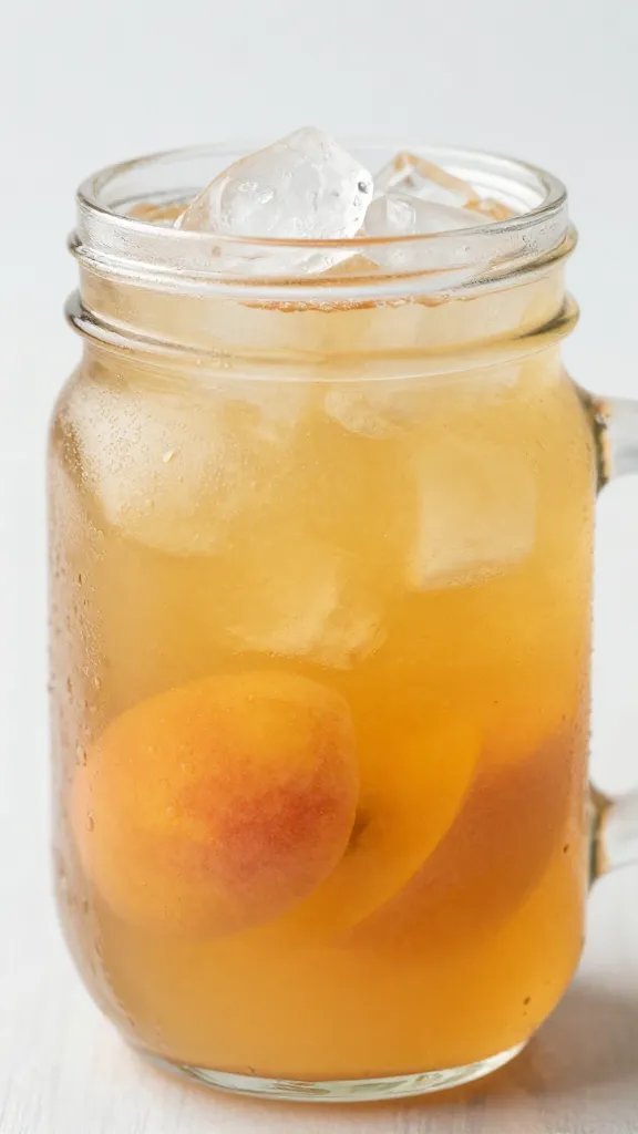 closeup mason jar of peach iced tea lemonade, crushed ice