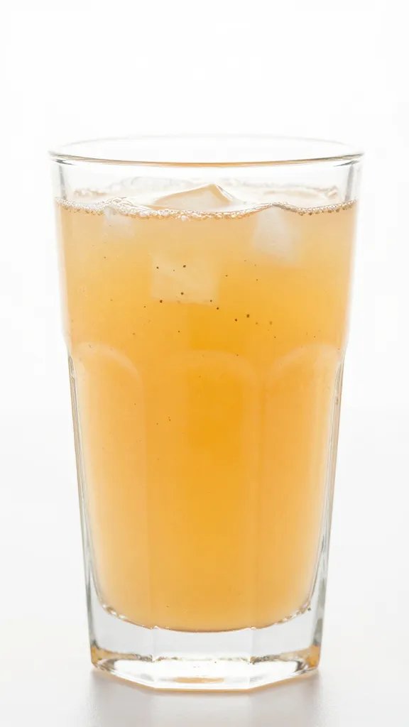clear glass of peach syrup with vanilla flecks, backlit