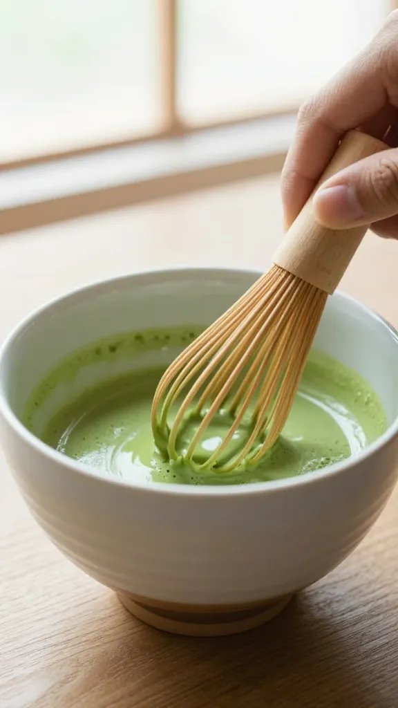 whisking vibrant matcha in ceramic chawan, soft window light