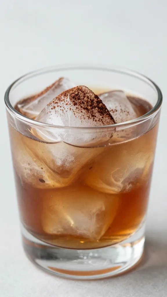 cocoa-dusted ice cubes in rocks glass, shallow depth of field