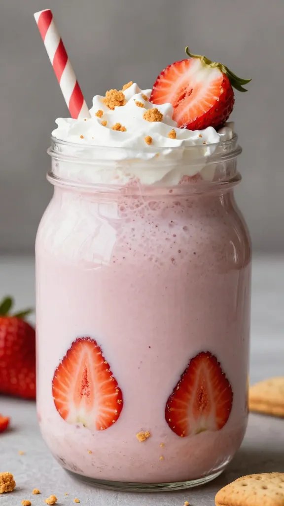 closeup strawberry shortcake milkshake jar with biscuit crumbs