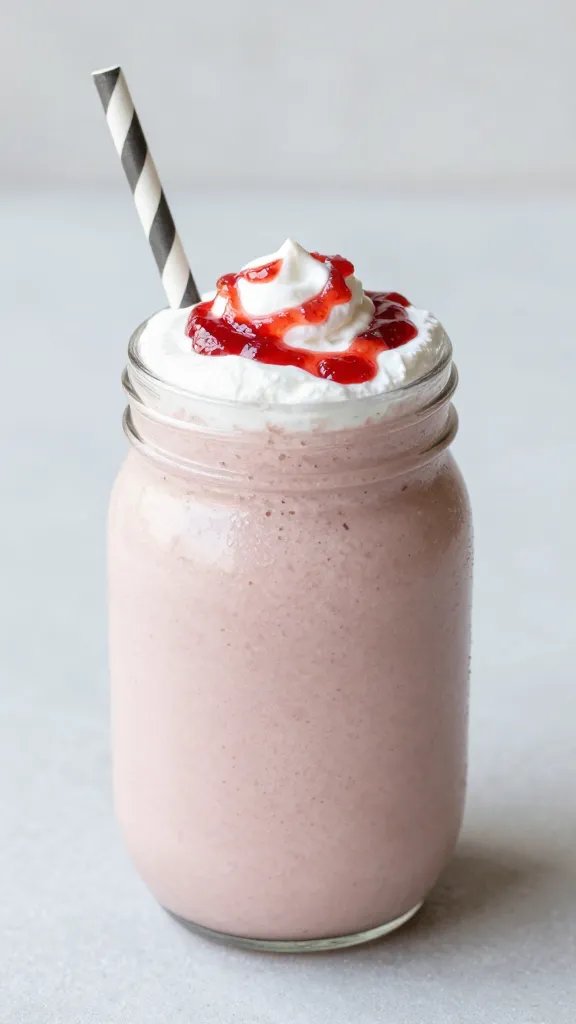 single mason jar milkshake topped with strawberry jam swirl