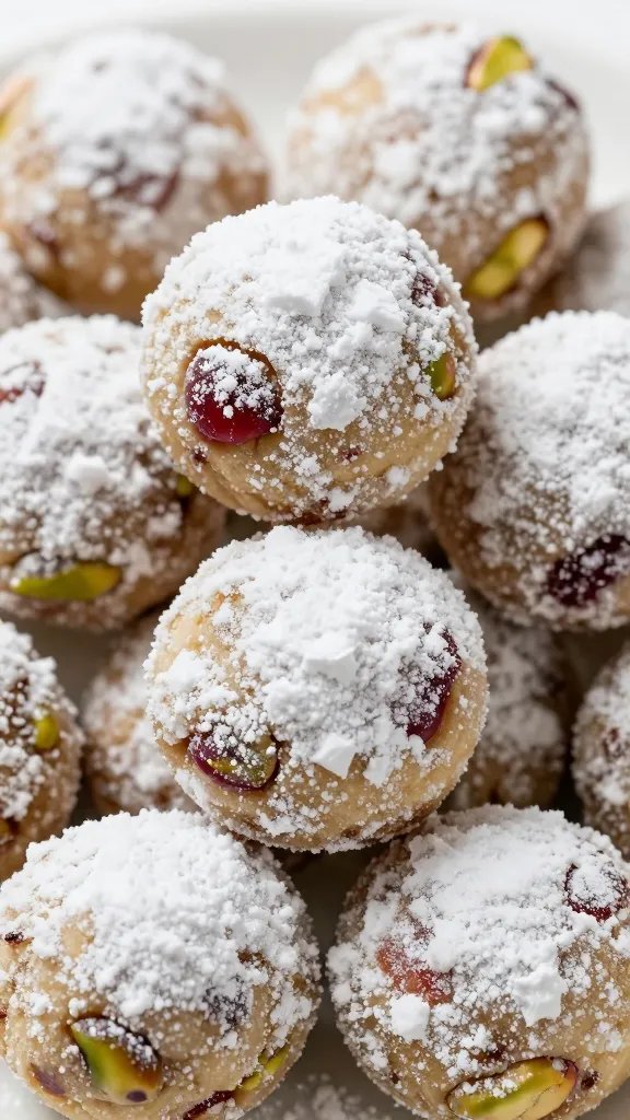 closeup cherry pistachio snowball cookie dusted with powdered sugar