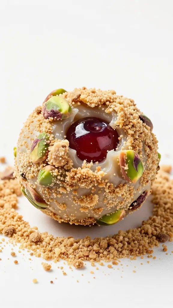 single bitten cherry pistachio snowball showing sandy crumb