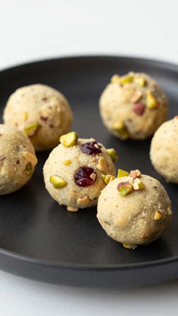 cherry pistachio snowball cookie on matte black plate, soft light
