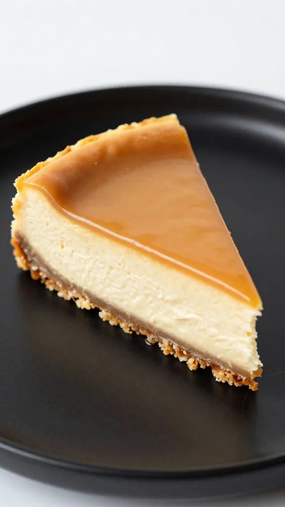 closeup slice of caramel turtle cheesecake on matte black plate