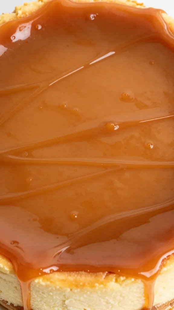 overhead shot of glossy caramel drizzle on cheesecake surface