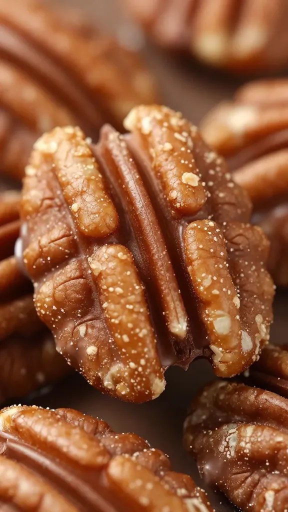 macro of toasted pecans embedded in chocolate ganache topping