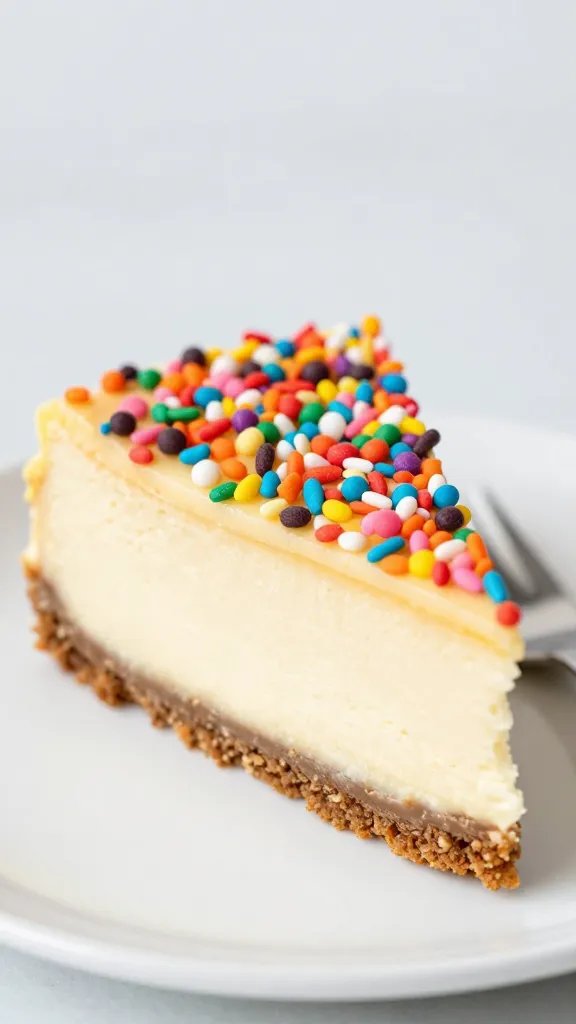 closeup slice of funfetti cheesecake cake on white plate
