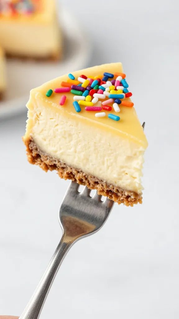 single forkful of funfetti cheesecake cake on silver fork