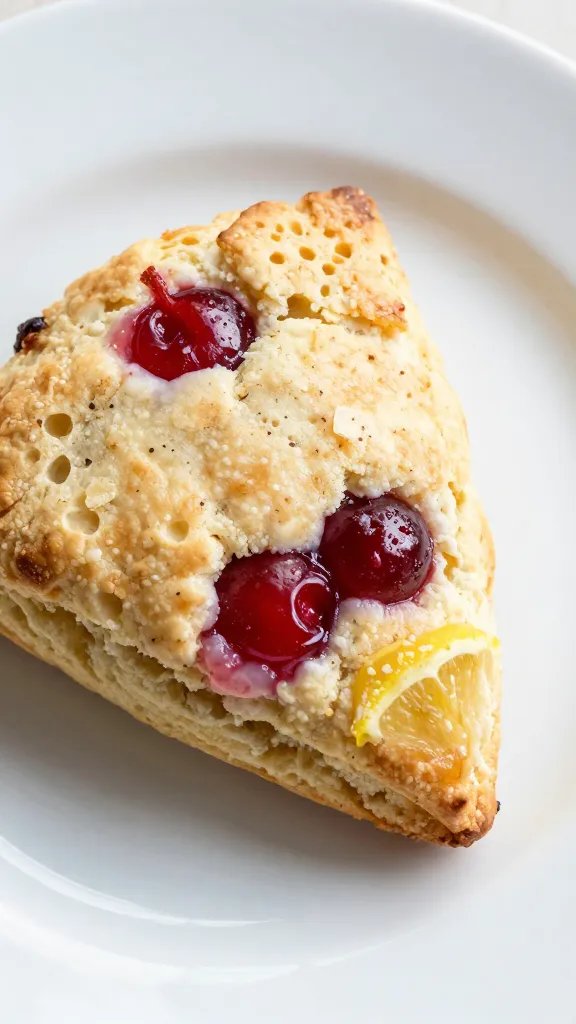 closeup cherry lemon scone on white ceramic plate