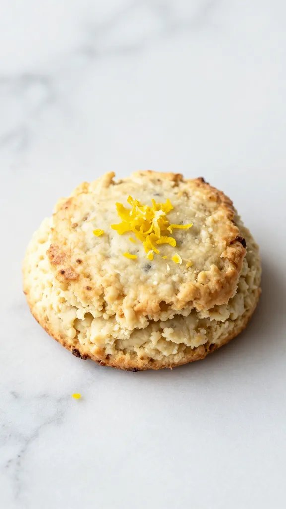 single scone topped with lemon zest on marble surface